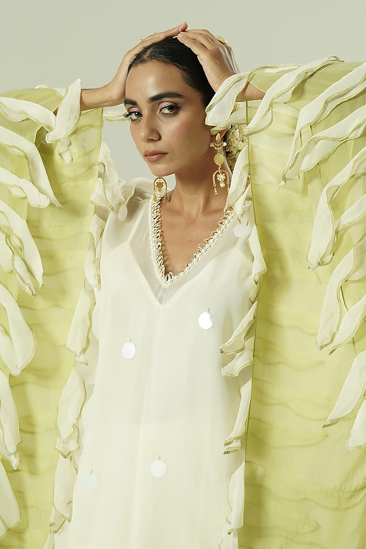 Ivory & Olive Green Organza Bead Work Kaftan Set by Shwetanga at Pernia's Pop Up Shop