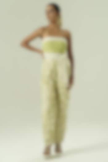 Ivory & Olive Green Organza Bead Work Ruffled Jumpsuit by Shwetanga at Pernia's Pop Up Shop