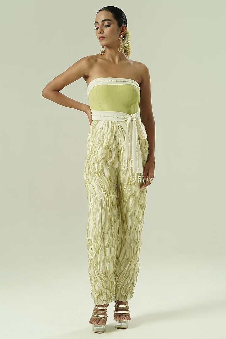 Ivory & Olive Green Organza Bead Work Ruffled Jumpsuit by Shwetanga at Pernia's Pop Up Shop