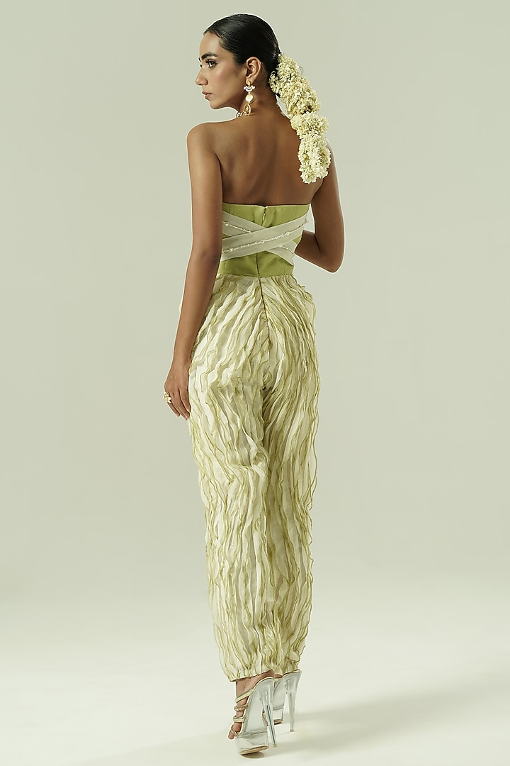 Ivory & Olive Green Organza Bead Work Ruffled Jumpsuit by Shwetanga at Pernia's Pop Up Shop