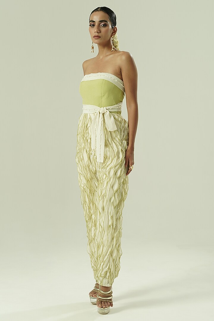 Ivory & Olive Green Organza Bead Work Ruffled Jumpsuit by Shwetanga at Pernia's Pop Up Shop