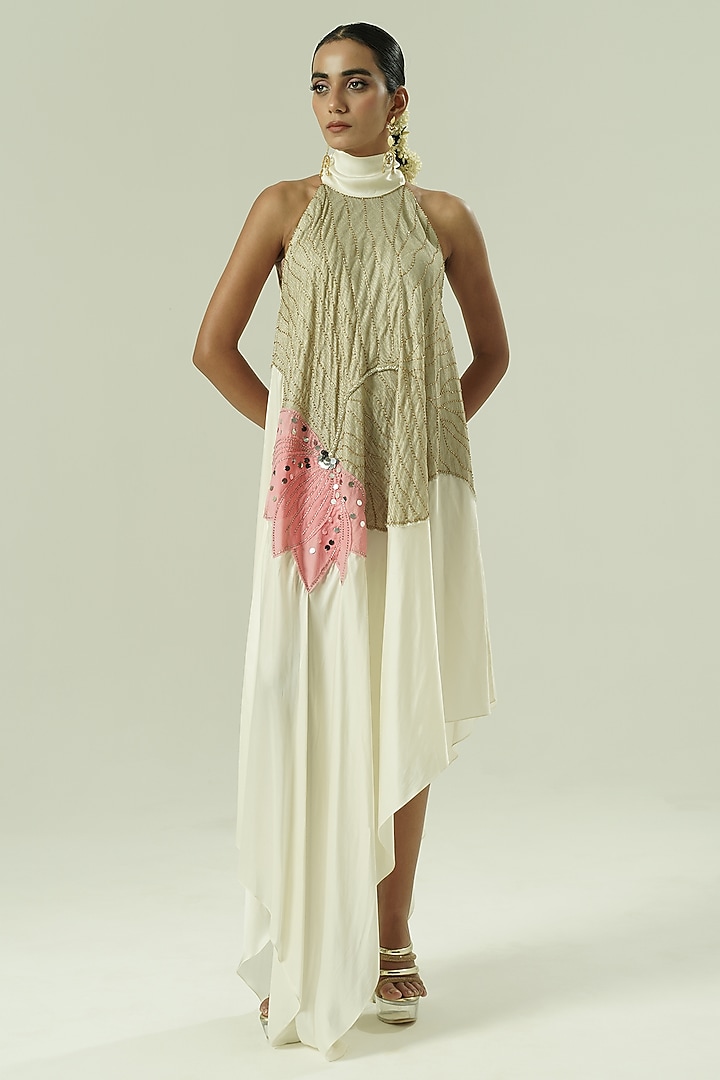 Ivory & Pink Organza Patchwork Asymmetric Vacation Dress by Shwetanga at Pernia's Pop Up Shop