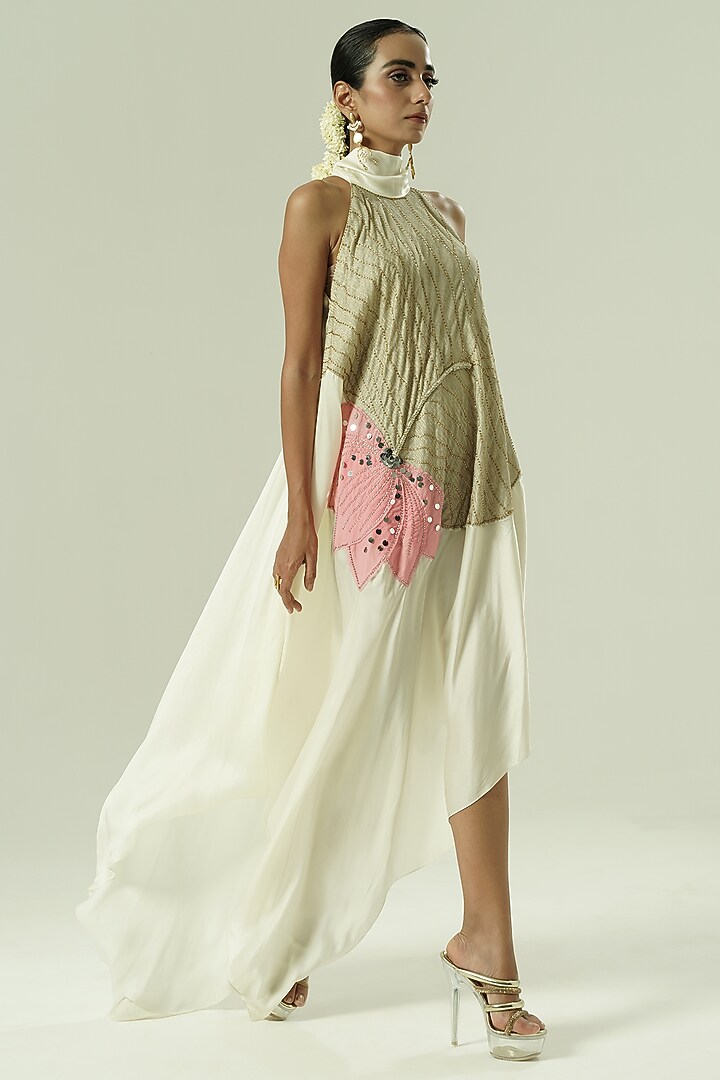 Ivory & Pink Organza Patchwork Asymmetric Vacation Dress by Shwetanga at Pernia's Pop Up Shop