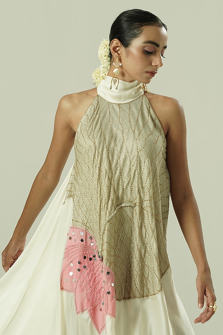 Ivory & Pink Organza Patchwork Asymmetric Vacation Dress by Shwetanga at Pernia's Pop Up Shop