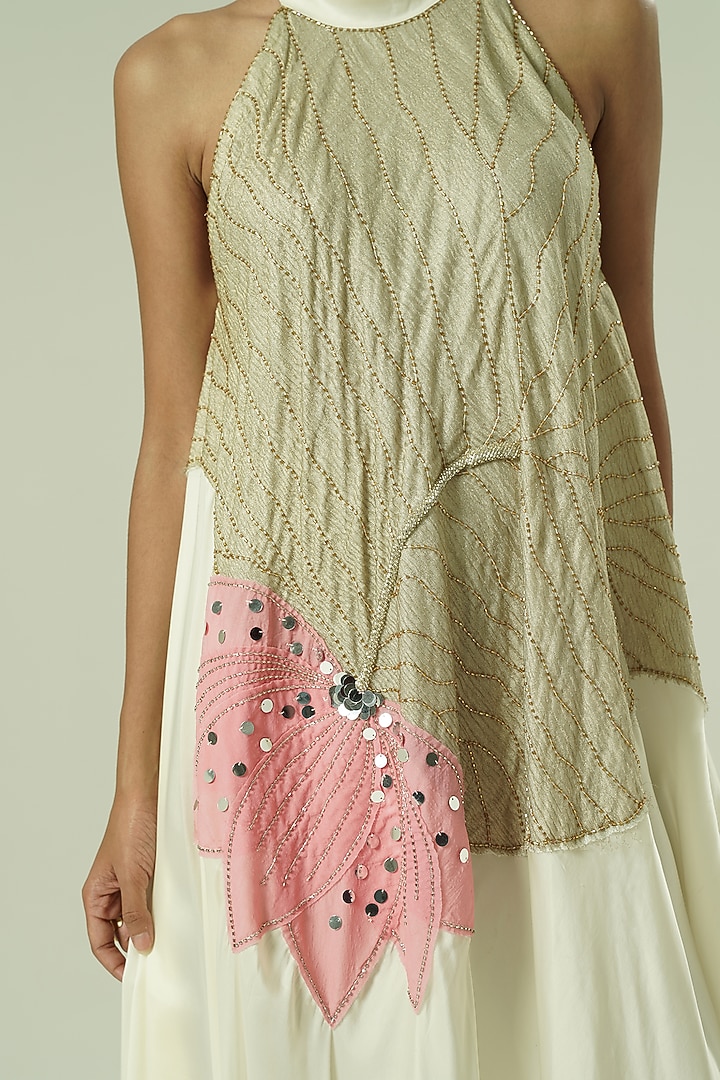 Ivory & Pink Organza Patchwork Asymmetric Vacation Dress by Shwetanga at Pernia's Pop Up Shop