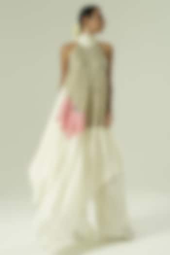 Ivory & Pink Organza Patchwork Asymmetric Tunic Set by Shwetanga at Pernia's Pop Up Shop