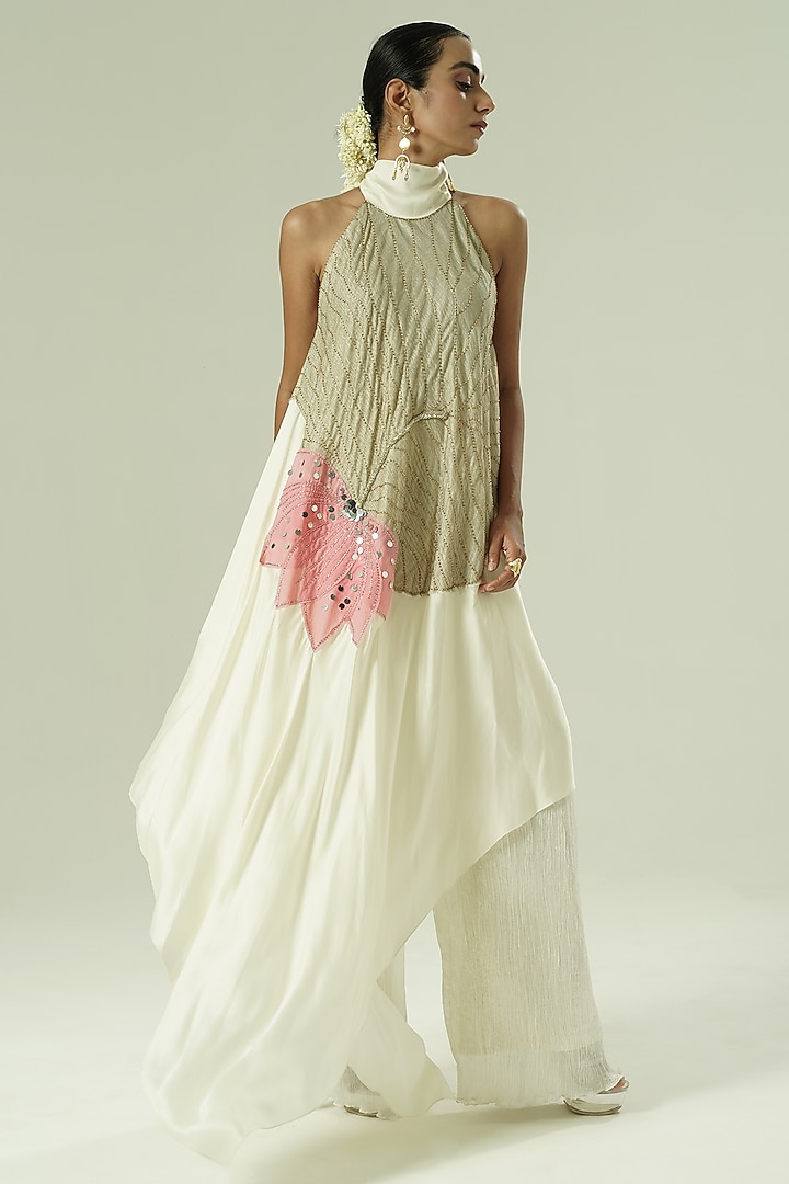 Ivory & Pink Organza Patchwork Asymmetric Tunic Set by Shwetanga at Pernia's Pop Up Shop