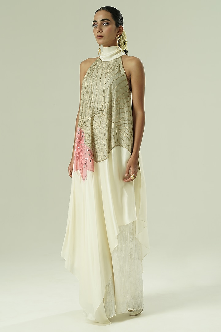 Ivory & Pink Organza Patchwork Asymmetric Tunic Set by Shwetanga at Pernia's Pop Up Shop