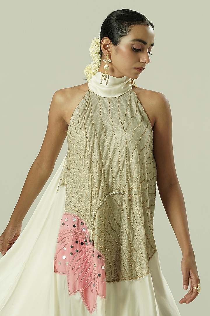 Ivory & Pink Organza Patchwork Asymmetric Tunic Set by Shwetanga at Pernia's Pop Up Shop