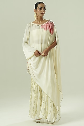 Ivory & Pink Satin Georgette Patchwork Kaftan Set by Shwetanga