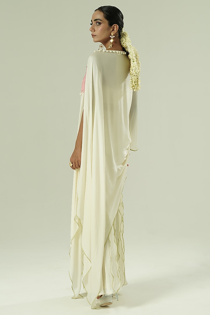 Ivory & Pink Satin Georgette Patchwork Kaftan Set by Shwetanga at Pernia's Pop Up Shop