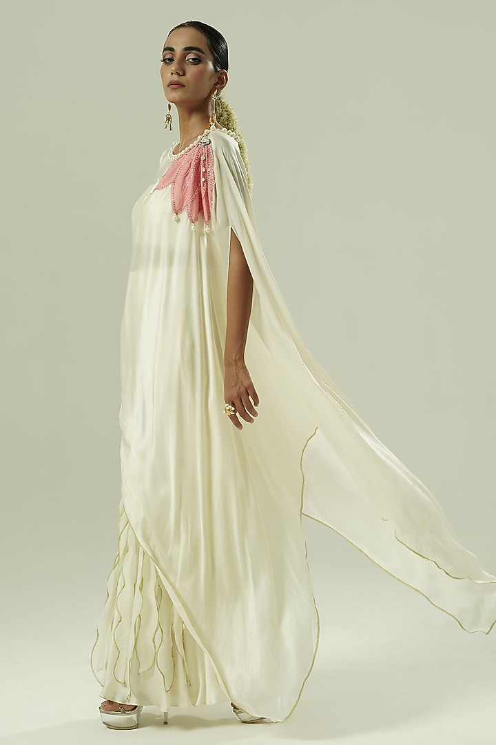 Ivory & Pink Satin Georgette Patchwork Kaftan Set by Shwetanga at Pernia's Pop Up Shop