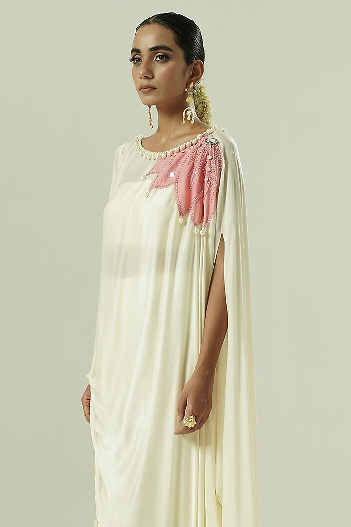 Ivory & Pink Satin Georgette Patchwork Kaftan Set by Shwetanga at Pernia's Pop Up Shop