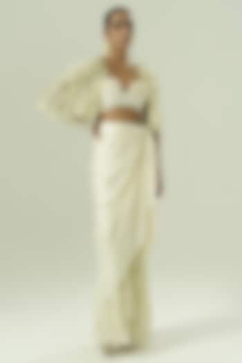 Ivory & Olive Green Satin Georgette Skirt Set by Shwetanga at Pernia's Pop Up Shop