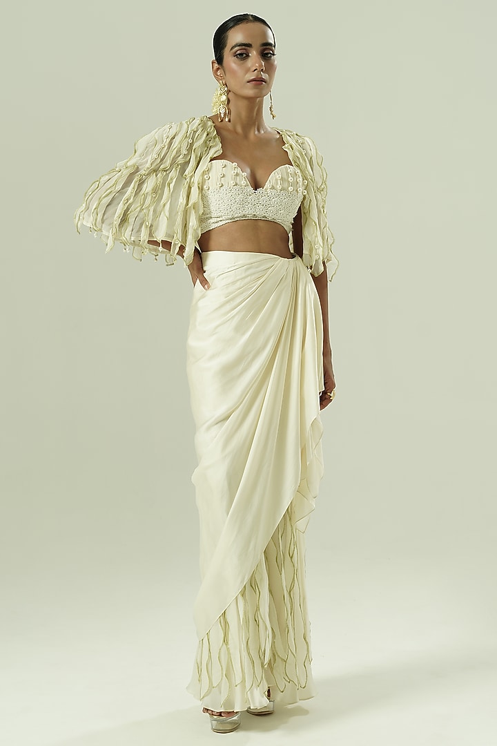 Ivory & Olive Green Satin Georgette Skirt Set by Shwetanga at Pernia's Pop Up Shop