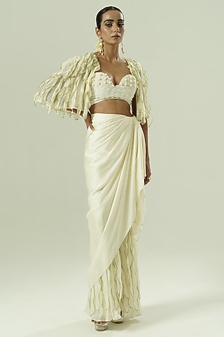 Ivory & Olive Green Satin Georgette Skirt Set by Shwetanga