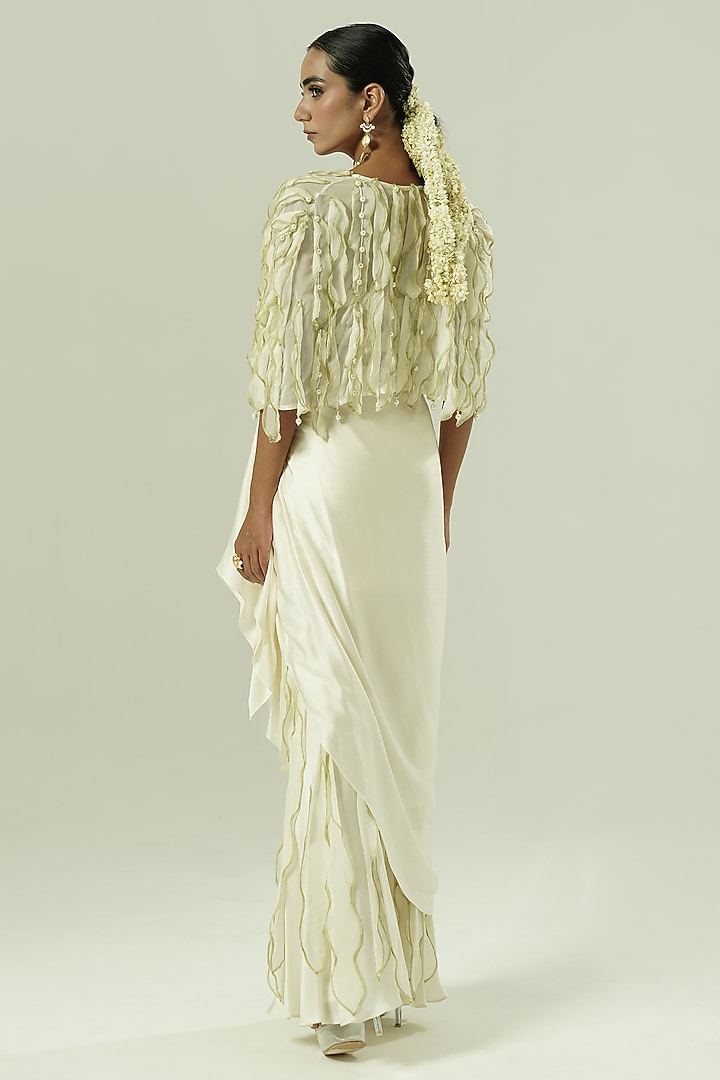 Ivory & Olive Green Satin Georgette Skirt Set by Shwetanga at Pernia's Pop Up Shop
