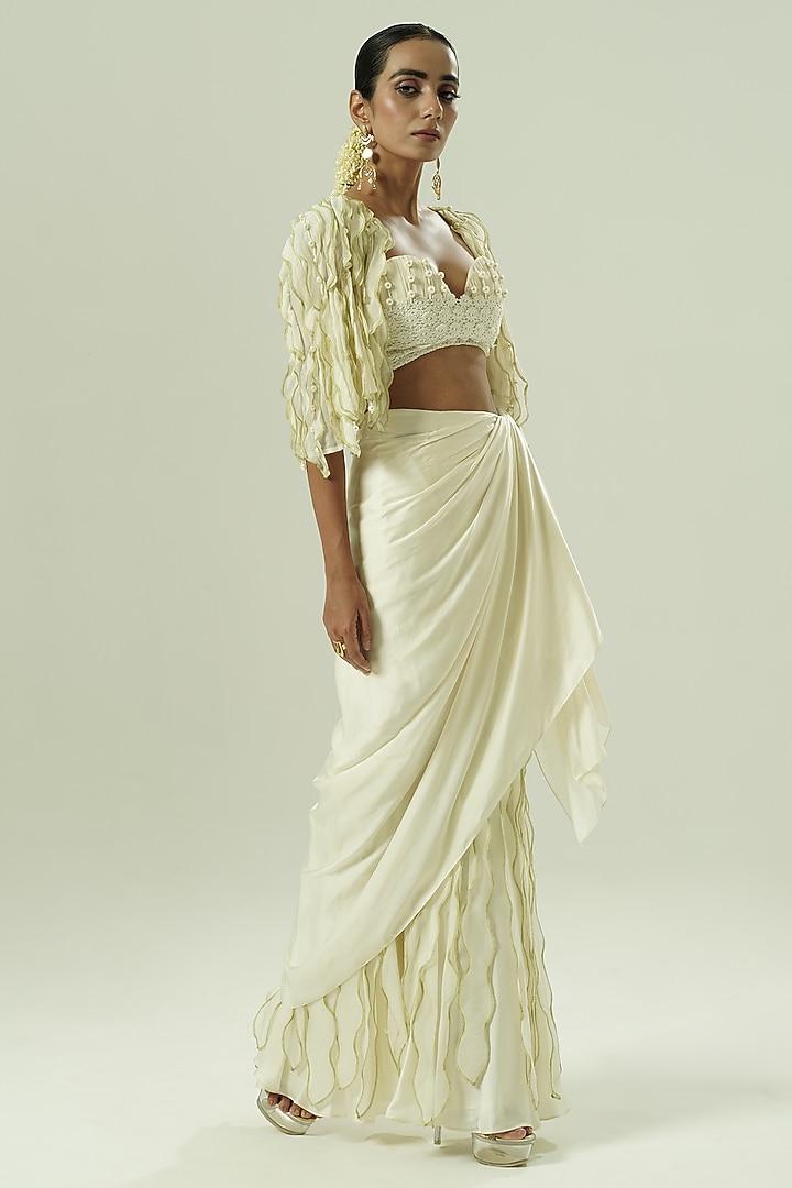 Ivory & Olive Green Satin Georgette Skirt Set by Shwetanga at Pernia's Pop Up Shop
