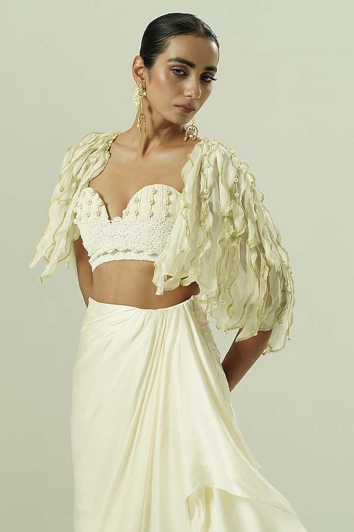 Ivory & Olive Green Satin Georgette Skirt Set by Shwetanga at Pernia's Pop Up Shop