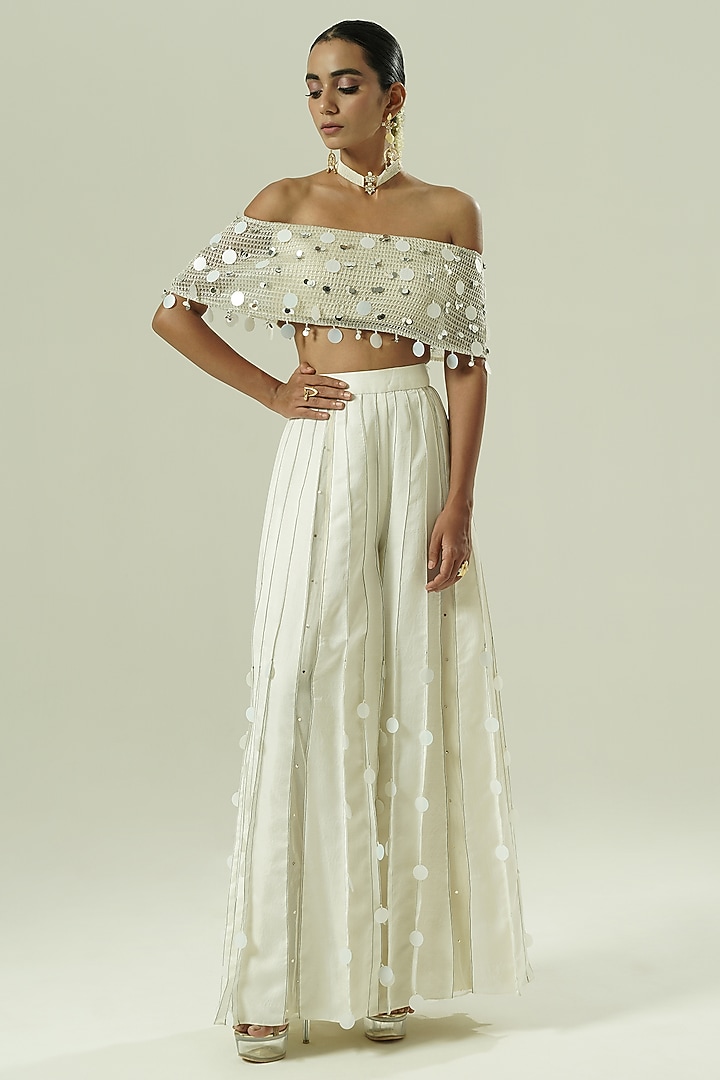 Ivory & Silver Nysa Silk Party Wear Sharara Set by Shwetanga at Pernia's Pop Up Shop