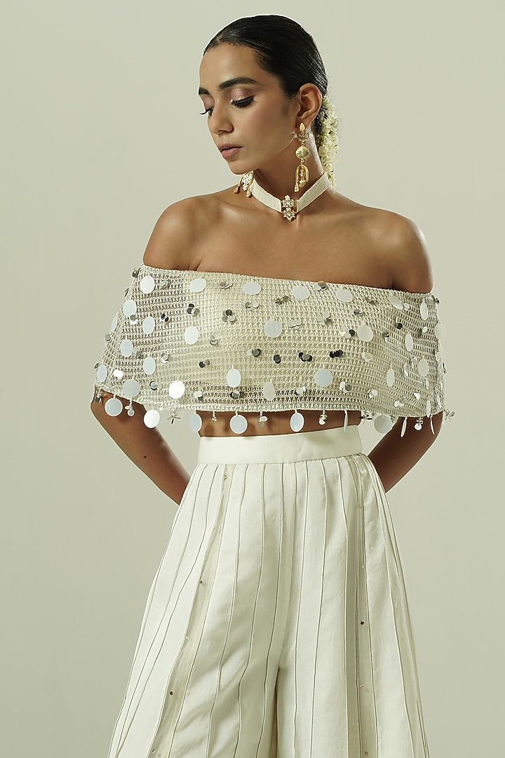 Ivory & Silver Nysa Silk Party Wear Sharara Set by Shwetanga at Pernia's Pop Up Shop
