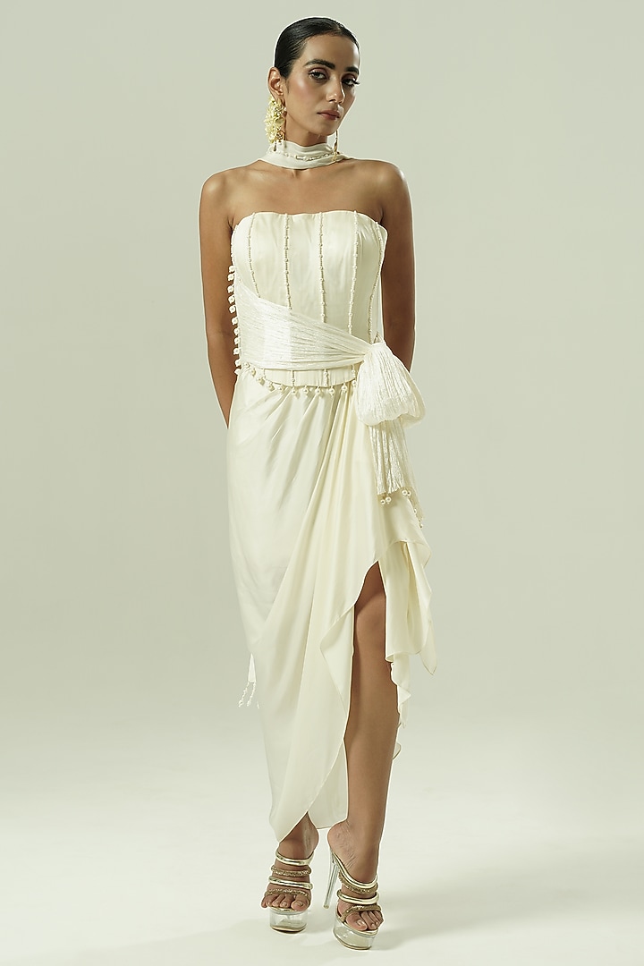 Ivory Satin Georgette Draped Skirt Set by Shwetanga at Pernia's Pop Up Shop