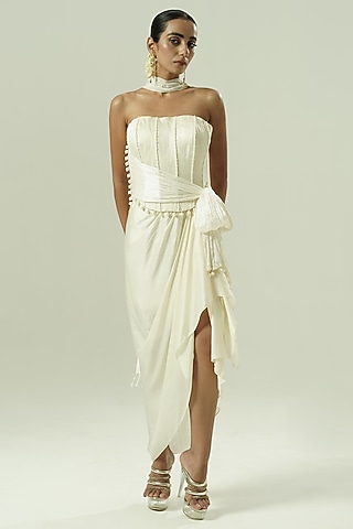 Ivory Satin Georgette Draped Skirt Set by Shwetanga