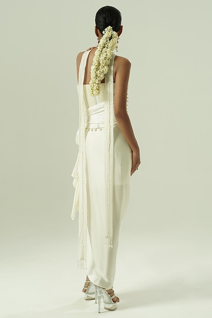 Ivory Satin Georgette Draped Skirt Set by Shwetanga at Pernia's Pop Up Shop