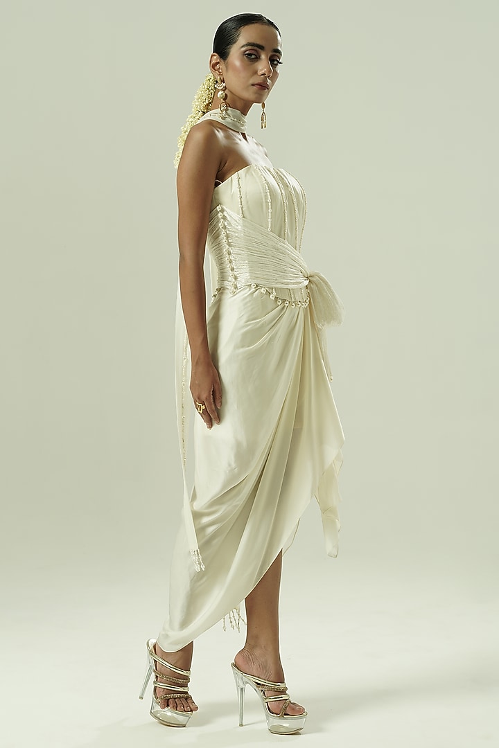 Ivory Satin Georgette Draped Skirt Set by Shwetanga at Pernia's Pop Up Shop