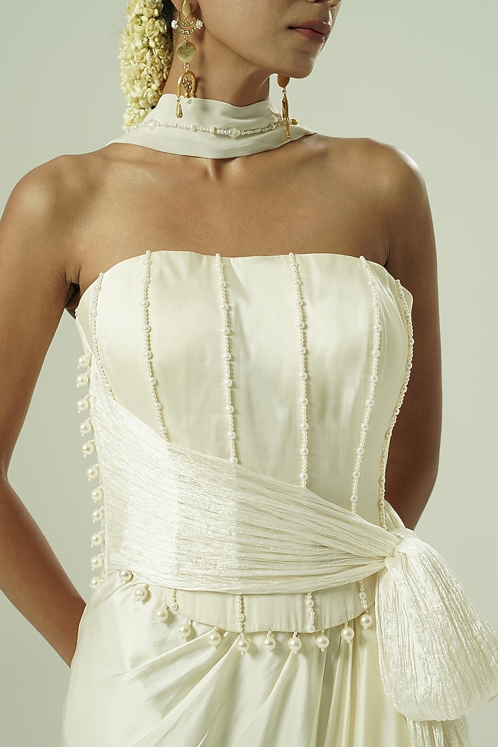 Ivory Satin Georgette Draped Skirt Set by Shwetanga at Pernia's Pop Up Shop