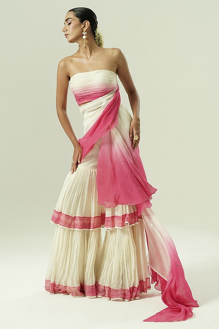 Ivory & Pink Ombre Organza Sharara Party Wear Saree Set by Shwetanga at Pernia's Pop Up Shop