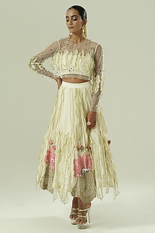 Multi-Colored Satin Georgette Patchwork Skirt Set by Shwetanga
