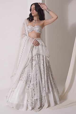 Ecru Crepe & Organza Foil Printed Asymmetrical Lehenga Set by Shwetanga
