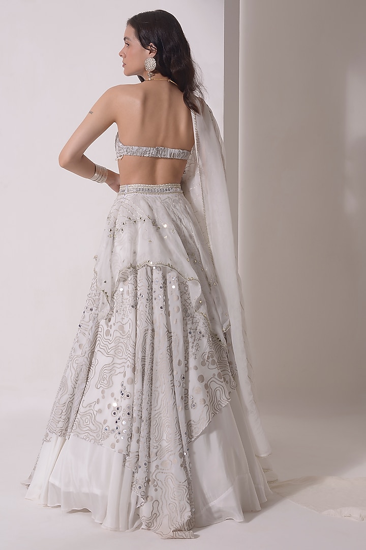 Ecru Crepe & Organza Foil Printed Asymmetrical Wedding Lehenga Set by Shwetanga at Pernia's Pop Up Shop