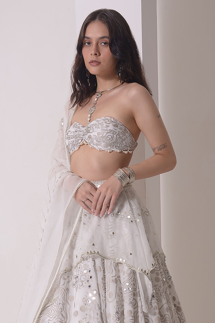 Ecru Crepe & Organza Foil Printed Asymmetrical Wedding Lehenga Set by Shwetanga at Pernia's Pop Up Shop
