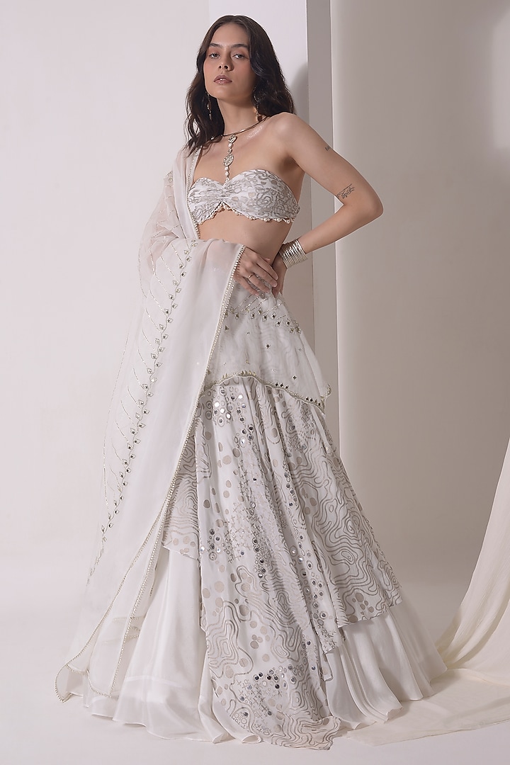 Ecru Crepe & Organza Foil Printed Asymmetrical Wedding Lehenga Set by Shwetanga at Pernia's Pop Up Shop