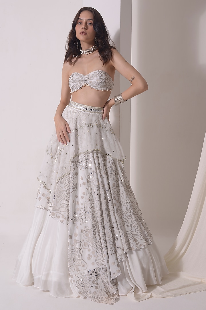 Ecru Crepe & Organza Foil Printed Asymmetrical Wedding Lehenga Set by Shwetanga at Pernia's Pop Up Shop