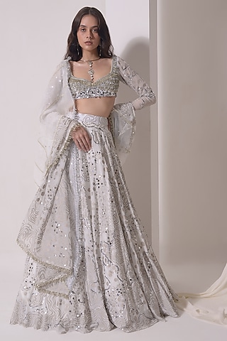 Ecru Organza Foil Printed Lehenga Set by Shwetanga