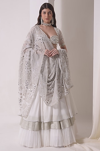 Ecru Crepe & Organza Foil Printed Tiered Wedding Lehenga Set by Shwetanga at Pernia's Pop Up Shop