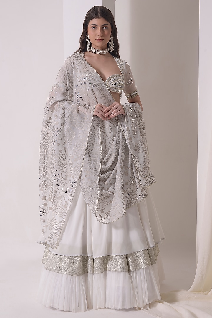 Ecru Crepe & Organza Foil Printed Tiered Wedding Lehenga Set by Shwetanga at Pernia's Pop Up Shop