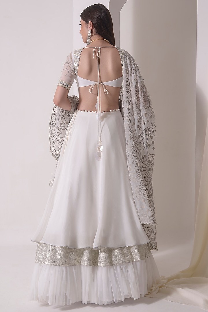 Ecru Crepe & Organza Foil Printed Tiered Wedding Lehenga Set by Shwetanga at Pernia's Pop Up Shop
