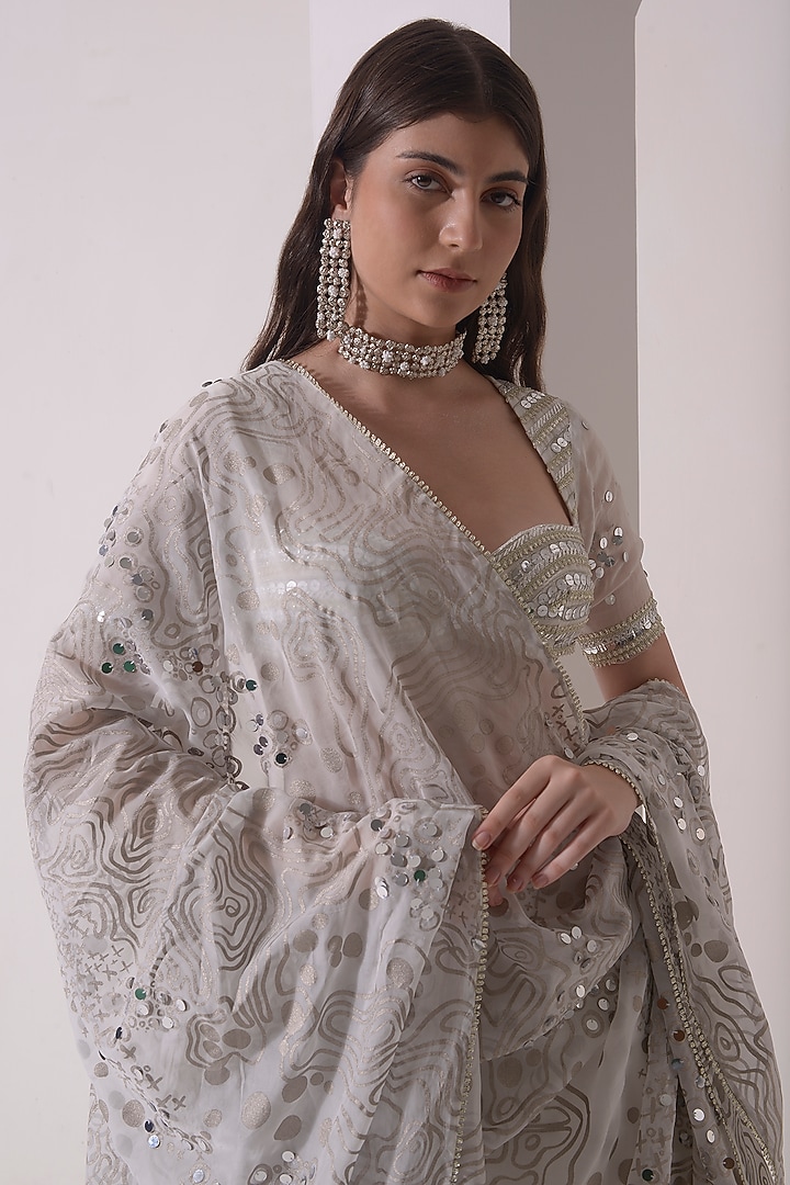 Ecru Crepe & Organza Foil Printed Tiered Wedding Lehenga Set by Shwetanga at Pernia's Pop Up Shop
