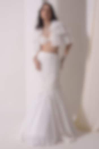 Ecru Crepe & Tulle Pearl Embroidered Fish-Cut Jacket Wedding Lehenga Set by Shwetanga at Pernia's Pop Up Shop