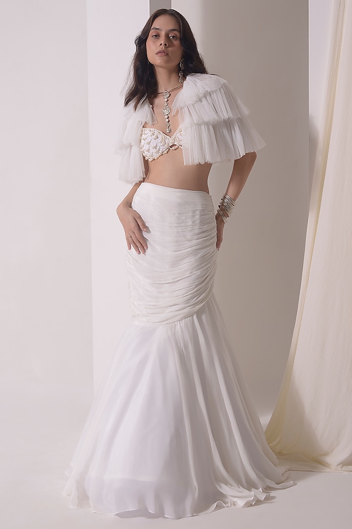 Ecru Crepe & Tulle Pearl Embroidered Fish-Cut Jacket Wedding Lehenga Set by Shwetanga at Pernia's Pop Up Shop