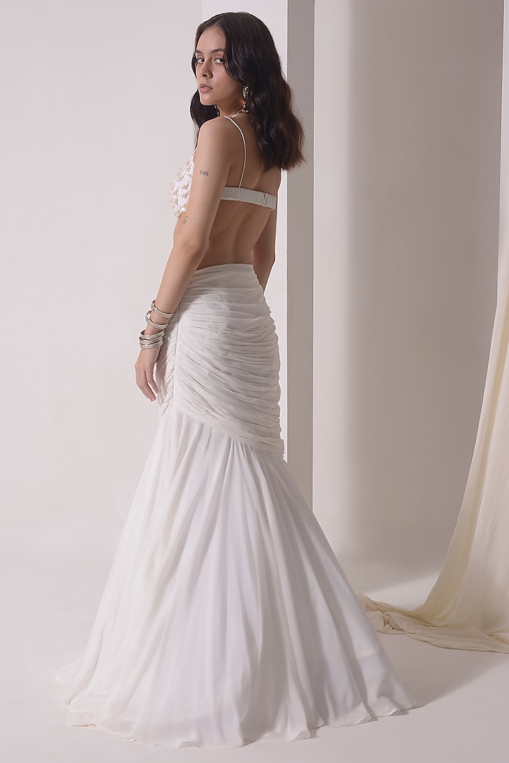 Ecru Crepe & Tulle Pearl Embroidered Fish-Cut Jacket Wedding Lehenga Set by Shwetanga at Pernia's Pop Up Shop