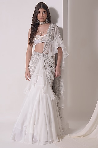 Ecru Crepe & Organza Ruffled Draped Saree Set by Shwetanga