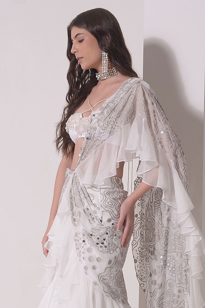 Ecru Crepe & Organza Ruffled Draped Party Wear Saree Set by Shwetanga at Pernia's Pop Up Shop