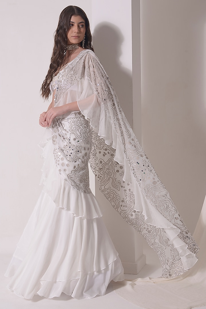 Ecru Crepe & Organza Ruffled Draped Party Wear Saree Set by Shwetanga at Pernia's Pop Up Shop