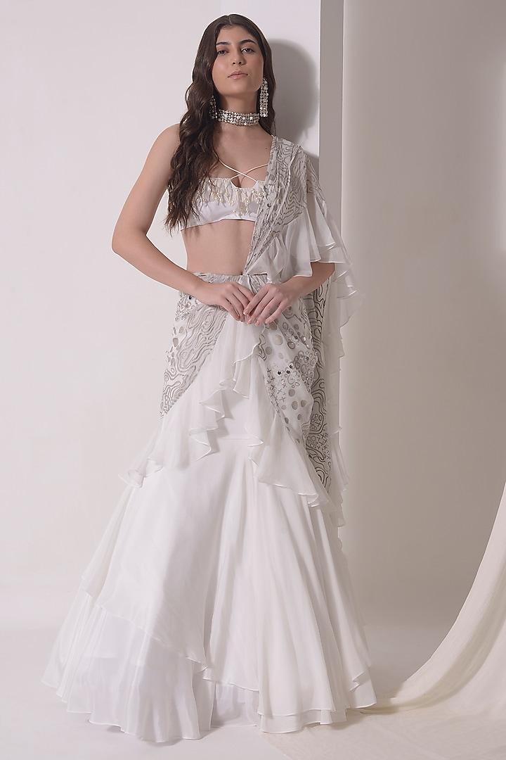 Ecru Crepe & Organza Ruffled Draped Party Wear Saree Set by Shwetanga at Pernia's Pop Up Shop