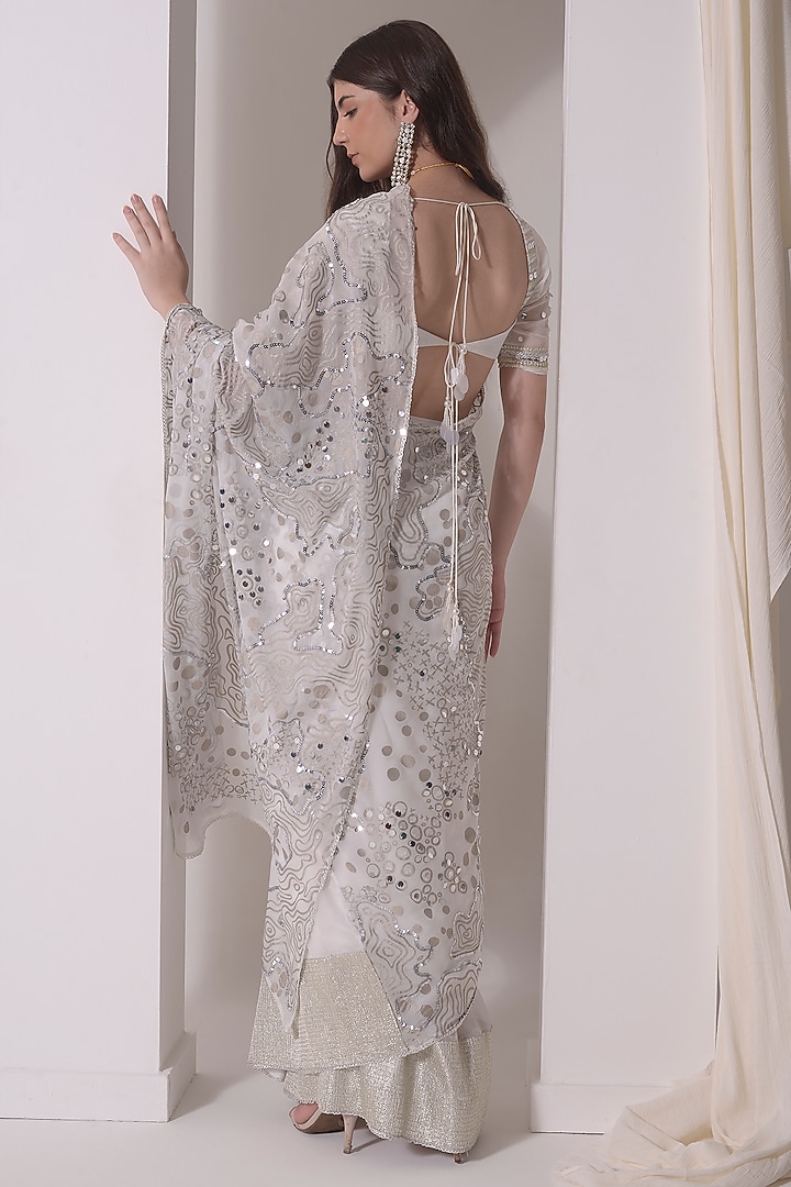 Ecru Organza Foil Printed & Sequins Embroidered Party Wear Saree Set by Shwetanga at Pernia's Pop Up Shop